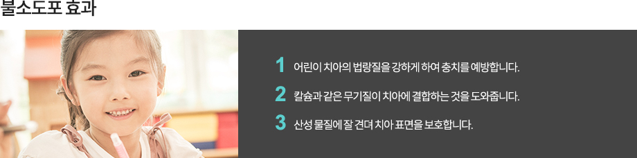 불소도포 효과
어린이 치아의 법랑질을 강하게 하여 충치를 예방합니다.
불소 막을 형성하여 세균의 활동 작용을 억제합니다.
칼슘과 같은 무기질이 치아에 결합하는 것을 도와줍니다.
산성 물질에 잘 견뎌 치아 표면을 보호합니다.
-불소적용 방법
직접 불소도포 : 치아 표면에 직접 불소를 바릅니다.
상수도 불소화법 : 약 1ppm의 농도로 불소가 함유된 상수도 물을 일상적으로 마십니다.
불소용액 양치법 : 불소가 함유된 용액으로 양치합니다.
불소 정제 복용법 : 알약으로 된 불소를 복용합니다.
-불소도포 주기
보통 연 2~4회가 적당하고, 주기적으로 해주셔야 합니다.
-불소도포 후 주의사항
불소도포 후 30분 동안은 어떠한 음식물도 섭취해서는 안됩니다.
불소도포 후 물로 헹구어 내면 도포된 불소의 작용이 방해를 받으므로 먹거나 헹구어 내지 않습니다.
