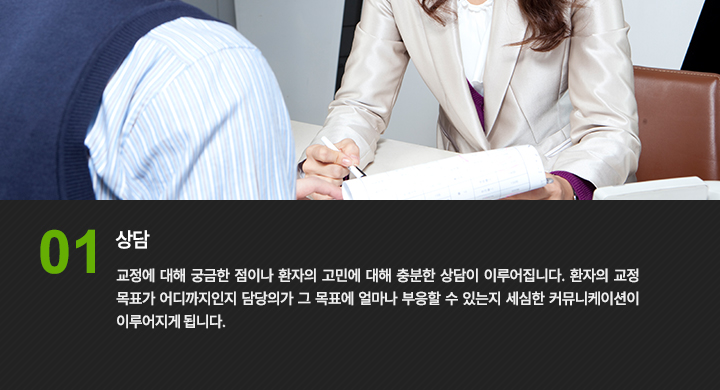 상담 : 교정에 대해 궁금한 점이나 환자의 고민에 대해 충분한 상담이 이루어집니다. 환자의 교정 목표가 어디까지인지 담당의가 그 목표에 얼마나 부응할 수 있는지 세심한 커뮤니케이션이 이루어지게 됩니다.